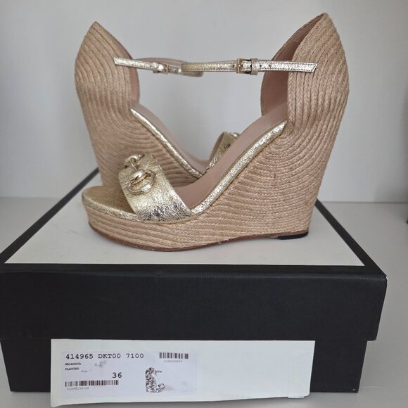 Gucci Gold and Jute Carolina Platform  Espadrille Wedges - Picture 1 of 8